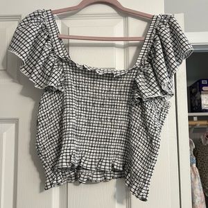 Maeve black and white gingham smocked top